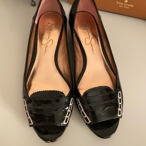 Jessica Simpson Patent peep-toe mini wedge pumps